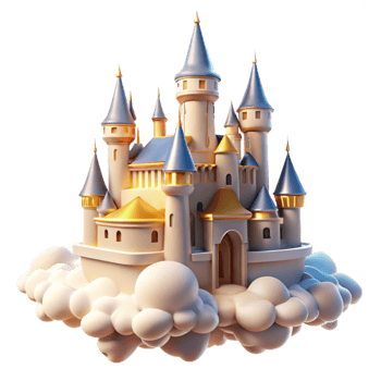 stunning baroque A majestic castle floating in the clouds, soft, golden sunlight, dreamlike style ultra HD png