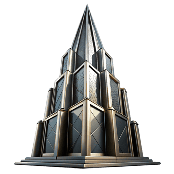 majestic baroque Art Deco skyscraper, chrome and black glass, sharp geometric lines, volumetric lighting, cinematic angle, highly detailed, 8k, luxury png