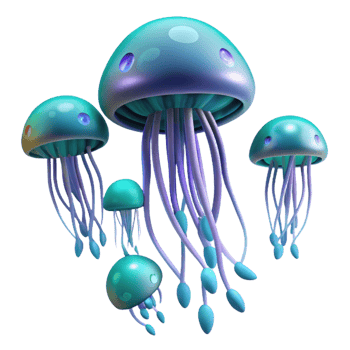 celebrated mid century A school of bioluminescent jellyfish drifting in the deep ocean, dark background with glowing jellyfish, fantasy art style expertly shot png