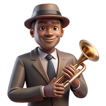 rare nordic Portrait of a jazz musician with a trumpet, wearing a fedora and a pinstripe suit. Warm, smoky nightclub lighting. Art Deco style detailed png