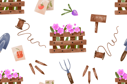 Watercolor seamless pattern with gardening tools. Hand drawn garden equipment, tools and flowers on isolated background. Repeated background, textile, wrapping, print. png