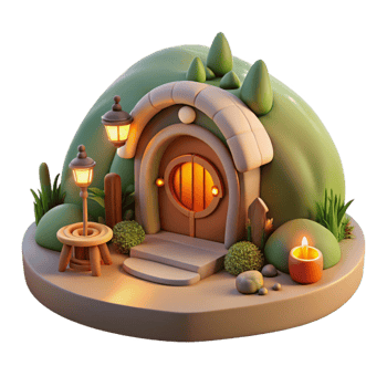 rare victorian A cozy hobbit hole built into a hillside, warm firelight, idyllic setting, whimsical style, intricate details, authentic png