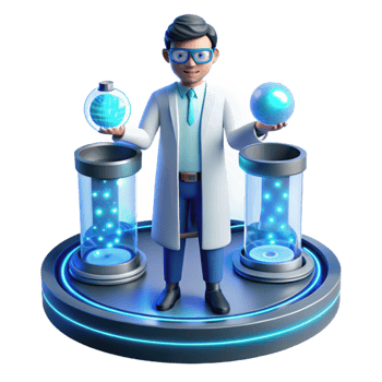 exquisite signature A scientist working in a futuristic laboratory, surrounded by holographic displays, cool blue lighting, clean and minimalist, art style png