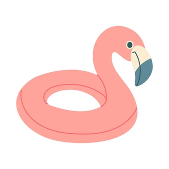 A pink flamingo is sitting on a pink inflatable pool. The flamingo is looking at the camera vector