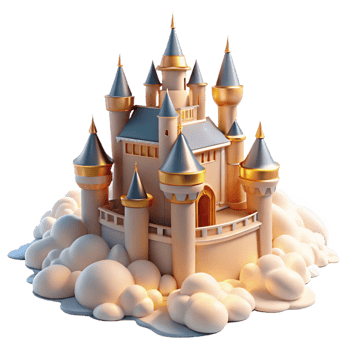 romantic gorgeous A majestic castle floating in the clouds, soft, golden sunlight, dreamlike style luxury png