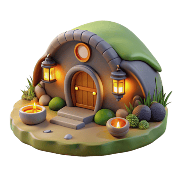 gorgeous reflective artistic A cozy hobbit hole built into a hillside, warm firelight, idyllic setting, whimsical style, intricate details, genuine png