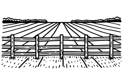 Illustration of a rural field with wooden fence and distant horizon in black and white vector