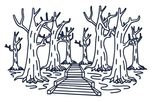 Bare trees in swamp with wooden pathway nature, landscape, wetland, sketch illustration vector