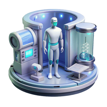 elegant quintessential A futuristic medical bay, holographic displays showing patient data, sterile and clean, medical illustration style png