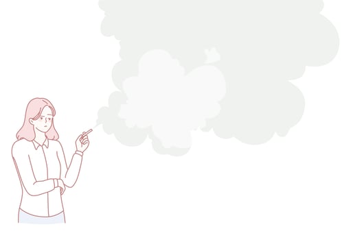 A Thoughtful Woman Surrounded by Dreamy Smoke Clouds, Engaging in Contemplation and Reflection vector