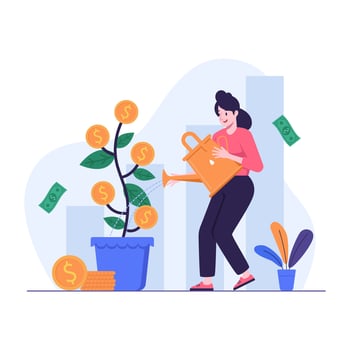 Woman watering a money tree growing in a pot vector