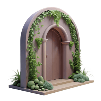 elegant unparalleled An arched doorway leading to a hidden garden, overgrown with vines, soft natural light, romantic style, png