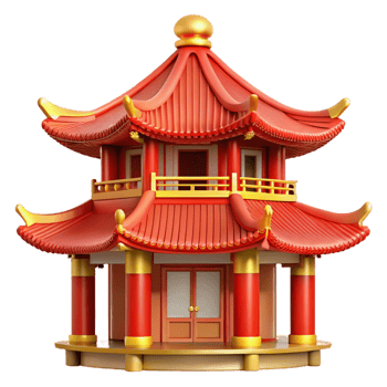impressive melancholic renaissance A traditional Chinese pagoda, surrounded by lush gardens, vibrant red and gold details, detailed architecture, top tier png