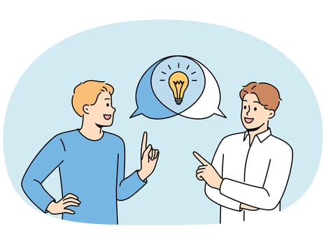 Man is doing joint brainstorming, discussing ideas for making money, standing near speech bubbles vector