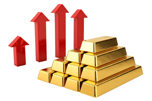 Gold bars with rising red arrows. Concept of investment, wealth, and growth. png