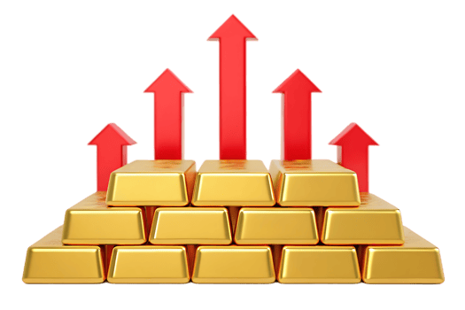 Gold bars with rising red arrows. Success, growth, investment concept. png
