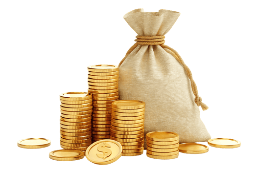 Wealth, riches, prosperity, financial success concept. Gold coins and money bag. png