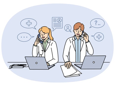 Doctors work in clinic telephone helpline and answer patients questions by phone vector