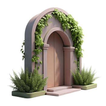 unforgettable coastal An arched doorway leading to a hidden garden, overgrown with vines, soft natural light, romantic style, 8K png