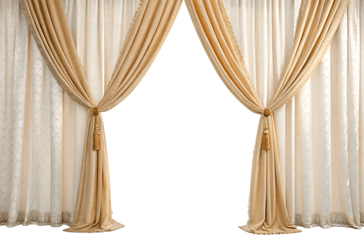 Elegant beige and white curtains with tassels, stage backdrop png