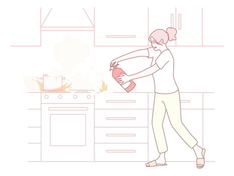 Woman Actively Using Fire Extinguisher to Handle a Kitchen Emergency Situation Effectively vector