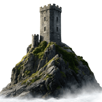 Stone tower on a rocky island, misty sea. png