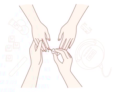 Hands Engaged in the Detailed Nail Care Process Utilizing Various Tools and Accessories vector