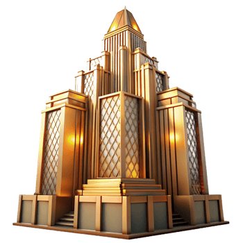 mysterious dramatic Art Deco skyscraper, intricate geometric facade, golden hour lighting, volumetric lighting, ray tracing, highly detailed, octane render, exclusive png