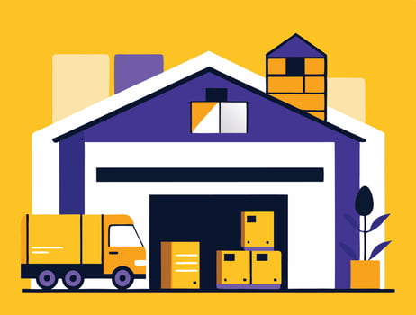 Warehouse With Delivery Truck And Cardboard Boxes In Minimalist Illustration vector