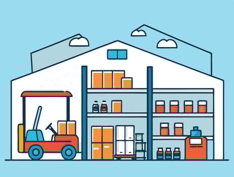 Illustration Of Warehouse Interior With Forklift And Shelves Full Of Goods vector