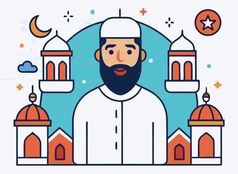 Cheerful Muslim Man With Mosque Icon Design For Islamic Theme vector
