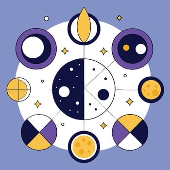 Abstract Geometric Moon Phases Celestial Illustration In Blue Purple And Yellow Colors vector