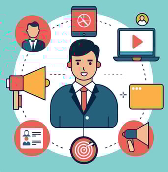 Business Marketing Strategy Man With Digital Tools And Promotion Icons vector
