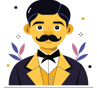 Elegant Man Cartoon With Moustache Bowtie And Decorative Floral Accents vector