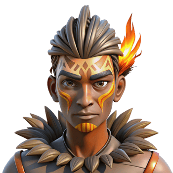 fascinating unforgettable Portrait of a tribal warrior with intricate face paint and feathers, lit by a bonfire, indigenous art style png