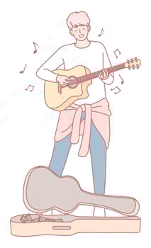 A Young Musician Enthusiastically Playing Guitar in an Elegant Minimalist Style Atmosphere vector