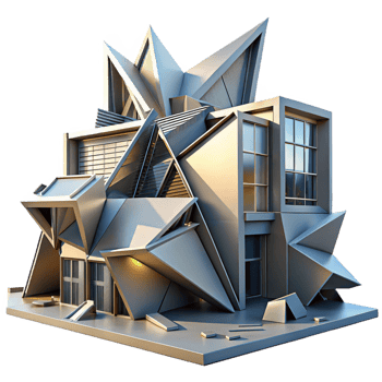 bold vibrant Deconstructivist building, fragmented forms, sharp angles, dynamic lighting, abstract, architectural style sharp png