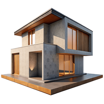 dreamy exquisite Modernist house, concrete and wood, minimalist, harsh sunlight, sharp shadows, photorealistic style exclusive png