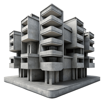celebrated creative A Brutalist concrete apartment complex, repetitive geometric patterns, harsh shadows, dystopian atmosphere, monochrome, artisan png