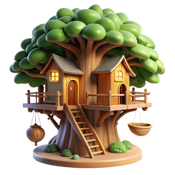inspired futuristic A whimsical treehouse built into a giant sequoia, soft dappled sunlight, magical atmosphere, highly detailed, perfect clarity png