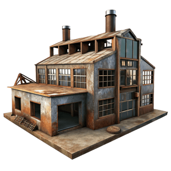 standout industrial An abandoned factory, rusting metal and broken windows, dim light, apocalyptic style, photorealistic, expertly shot png