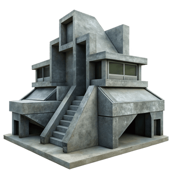 playful beautiful Brutalist concrete structure, harsh geometric shapes, overcast lighting, bleak, dystopian style exclusive png