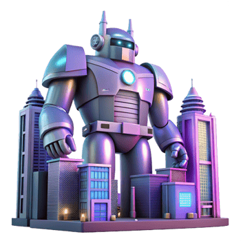 memorable gothic A giant robot disguised as a building, cyberpunk city backdrop, neon lights, cinematic, high quality png