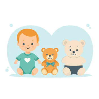 A cheerful baby with light hair sitting next to two teddy bears, one brown and one white, on a soft blue background, creating a warm and playful atmosphere. png