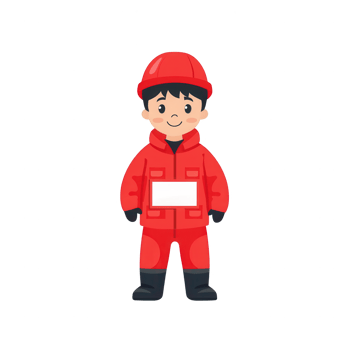 A cheerful cartoon boy wearing a red work suit and helmet, ready for adventure. Perfect for educational materials or children's illustrations. png