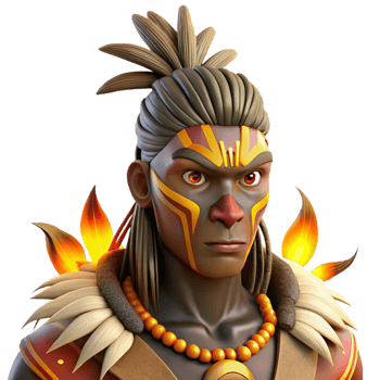 distinctive tropical Portrait of a tribal warrior with intricate face paint and feathers, lit by a bonfire, indigenous art style luxury png