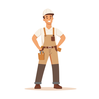 A cheerful construction worker in a hard hat and overalls stands confidently with hands on hips. Perfect for construction, labor, and teamwork themes. png