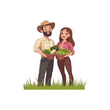 A cheerful couple holding baskets of fresh vegetables, surrounded by green grass. Perfect for themes of healthy living and sustainability. png