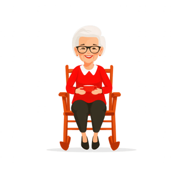 A cheerful elderly woman sitting in a rocking chair, wearing glasses and a red sweater, enjoying a moment of relaxation and comfort, isolated on a white background. png