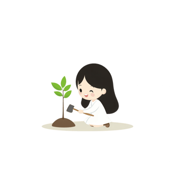A cheerful girl planting a young tree, symbolizing hope and environmental care, with a lighthearted illustration style. png
